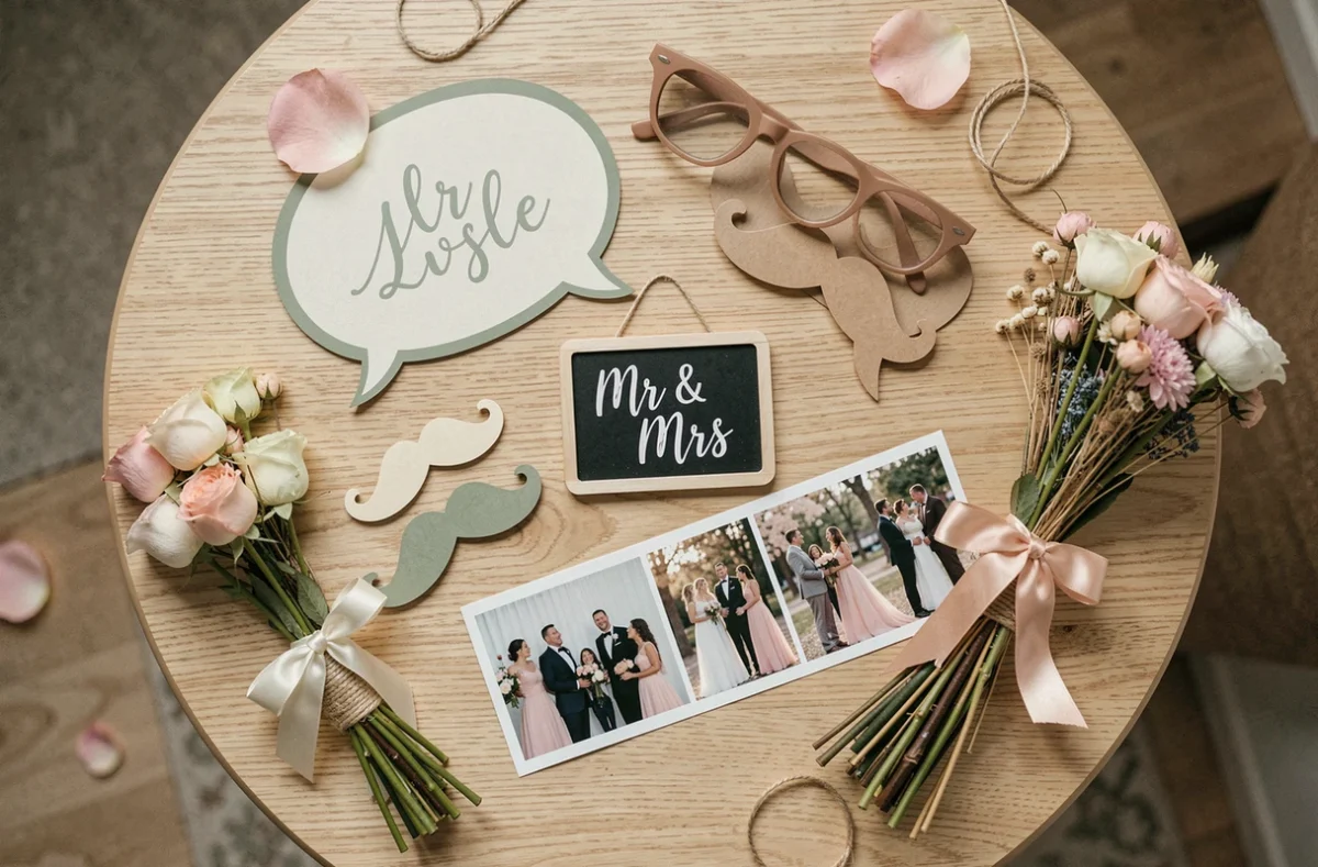 Accessoires DIY pour photobooth de mariage disposés en flat-lay sur une table en bois, incluant des pancartes, moustaches et bandeaux de fleurs séchées