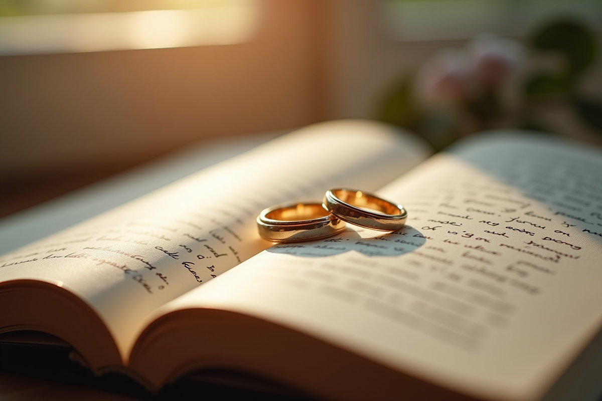 Alliances de mariage sur un livre avec notes d