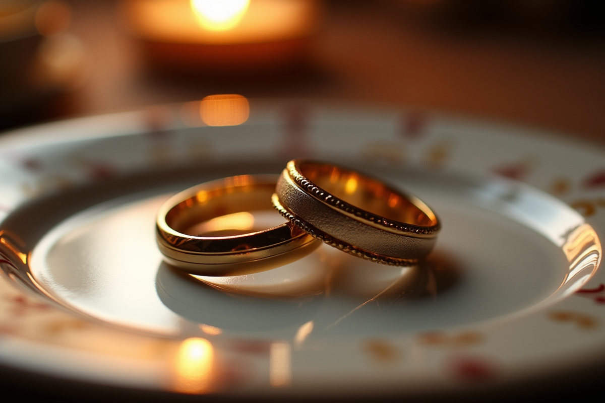 Détails des alliances de mariage sur une assiette décorative