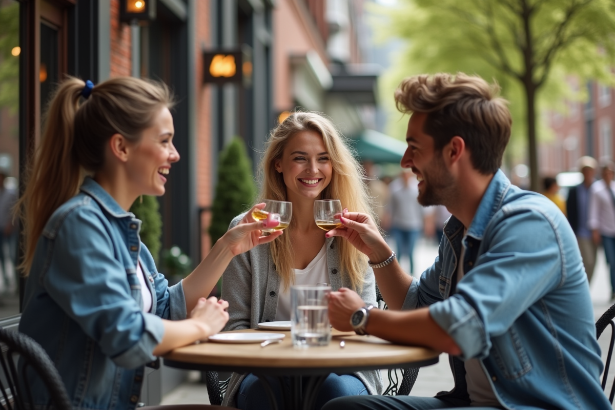 Amis heureux découvrant save the date en extérieur