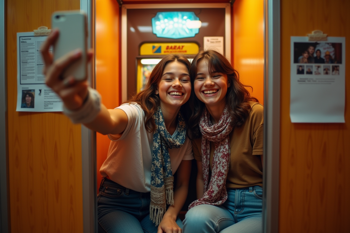 Deux adolescents riant lors d un selfie dans un photobooth vintage