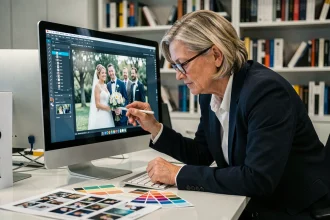 Analyste éditoriale examinant une photo de mariage sur écran dans un bureau de presse contemporain en 2026