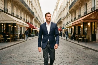 Animateur télévision marchant dans une rue parisienne haussmannienne, style éditorial discret