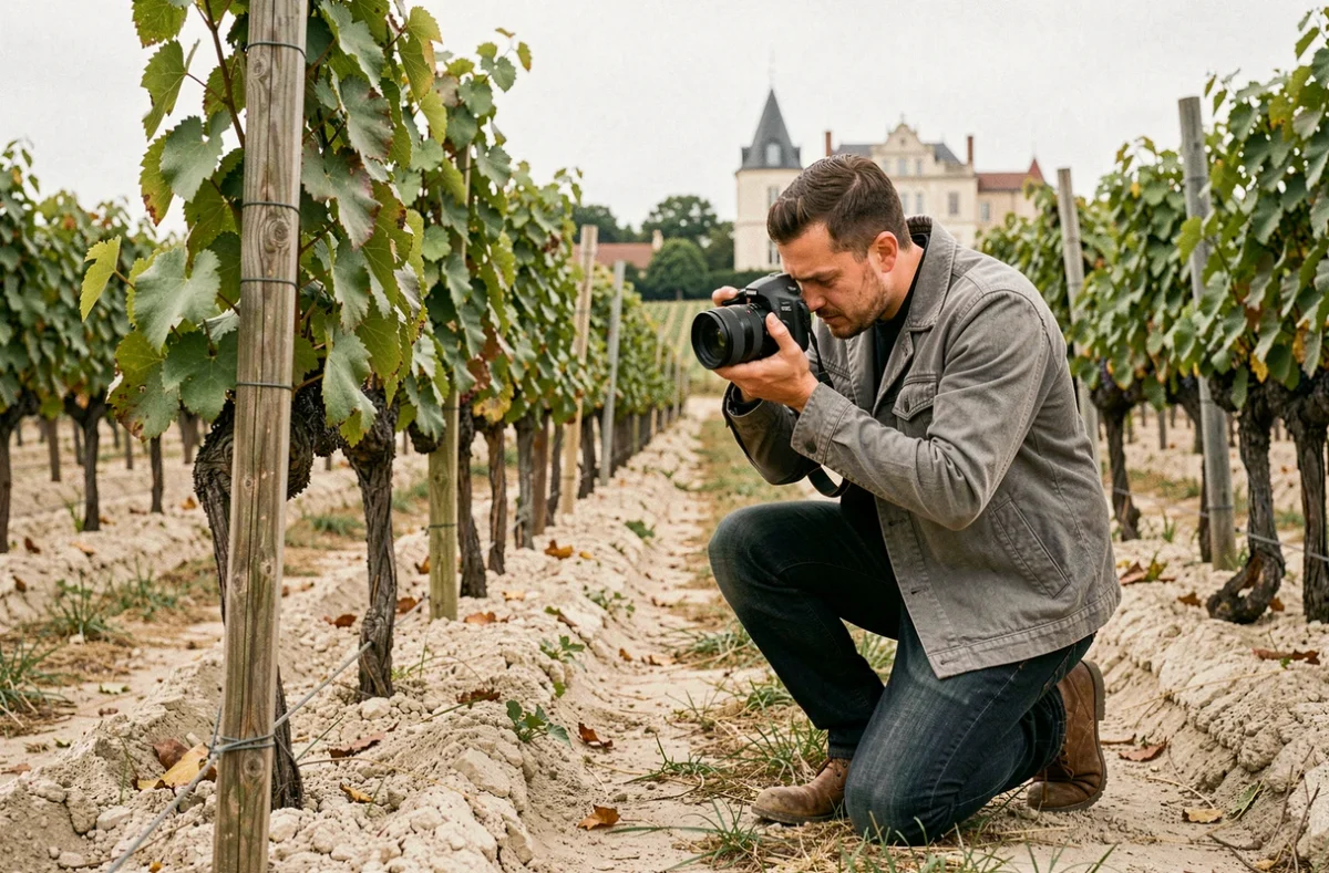Antoine Ollier, photographe de mariage à Cognac, photographiant dans les vignes charentaises avec un château en arrière-plan