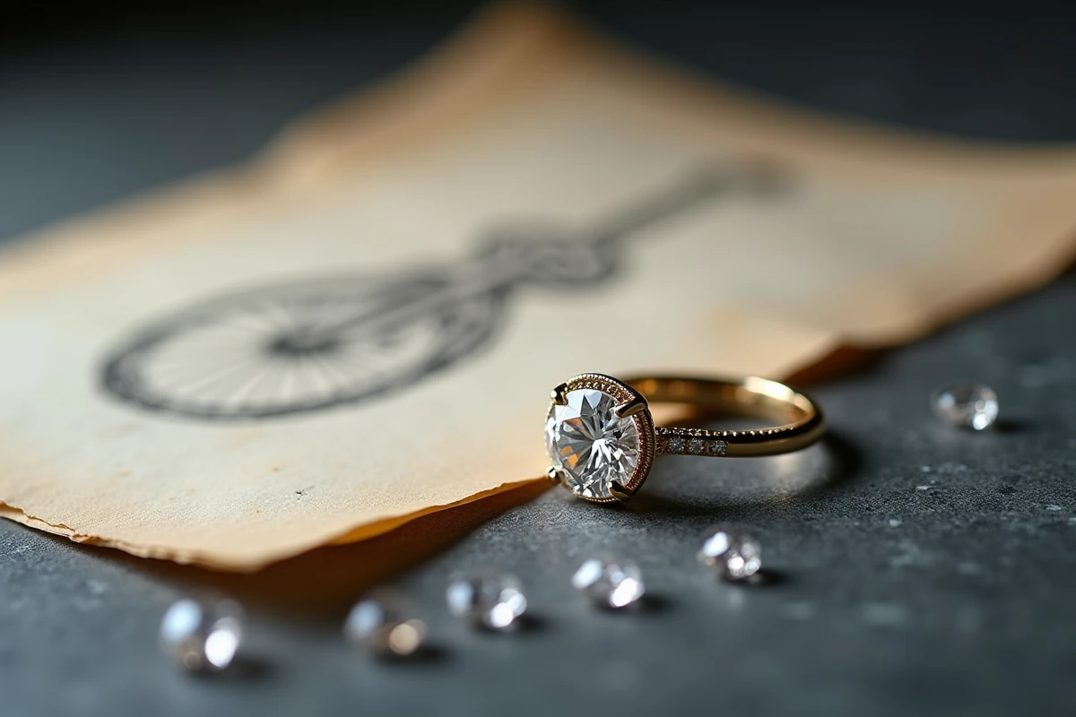 Bague de fiançailles sur mesure en or et diamant posée à côté de son croquis de création original