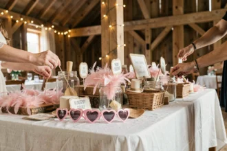 Bar à accessoires mariage avec lunettes coeur roses et décorations festives sur table rustique en bois