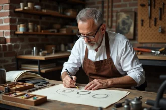 Bijoutier artisan dessinant les plans d'une bague de fiançailles sur mesure dans son atelier