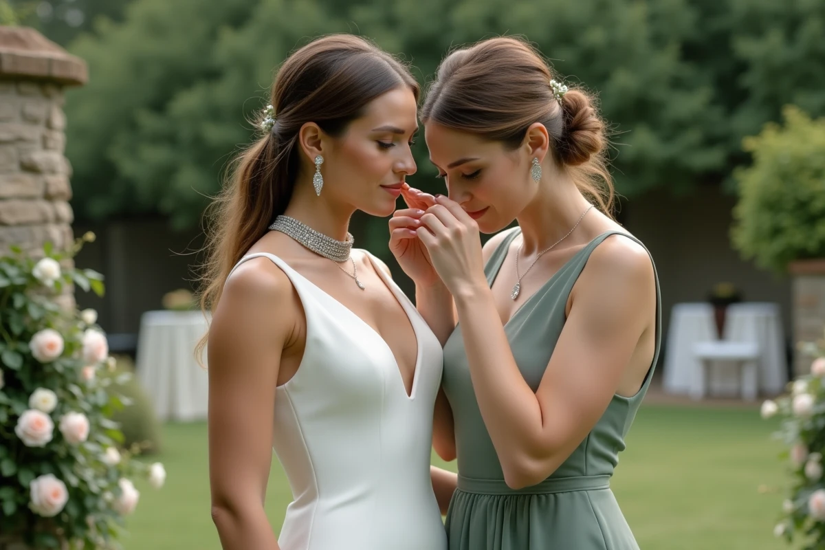 Mariée en robe blanche avec boucles d'oreilles cristal pendantes et collier argent dans un jardin de mariage