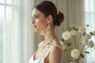 Mariée portant des boucles d'oreilles pendantes dorées assorties à un collier chaîne fin pour le mariage
