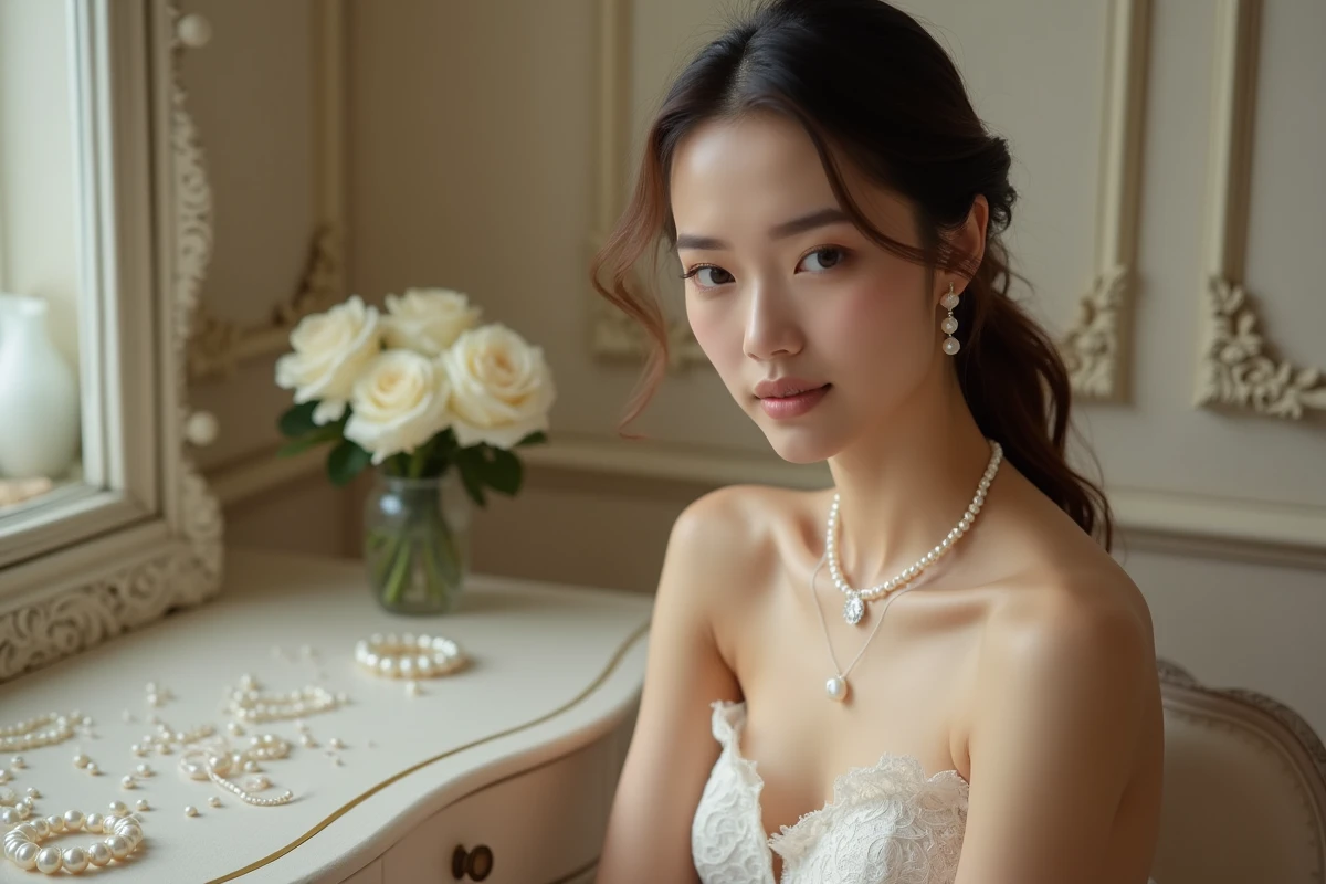 Future mariée assise devant une coiffeuse avec des boucles d'oreilles perles pendantes et un collier de perles assorti