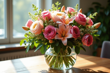 Bouquet de fleurs coloré dans un vase sur une table en bois