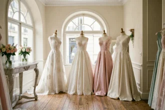 Intérieur d'une boutique de robes de mariée dans les Hauts-de-France, avec plusieurs robes exposées sur des mannequins dans un espace élégant et lumineux