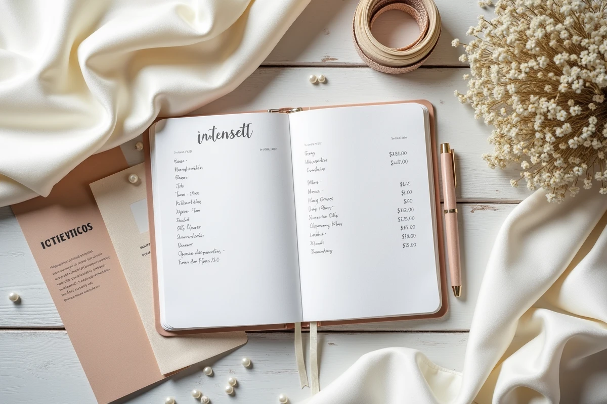 Flat lay d'un carnet de budget mariage avec détail de prix de robe, échantillons de tissus et ruban de couturière sur fond blanc boisé