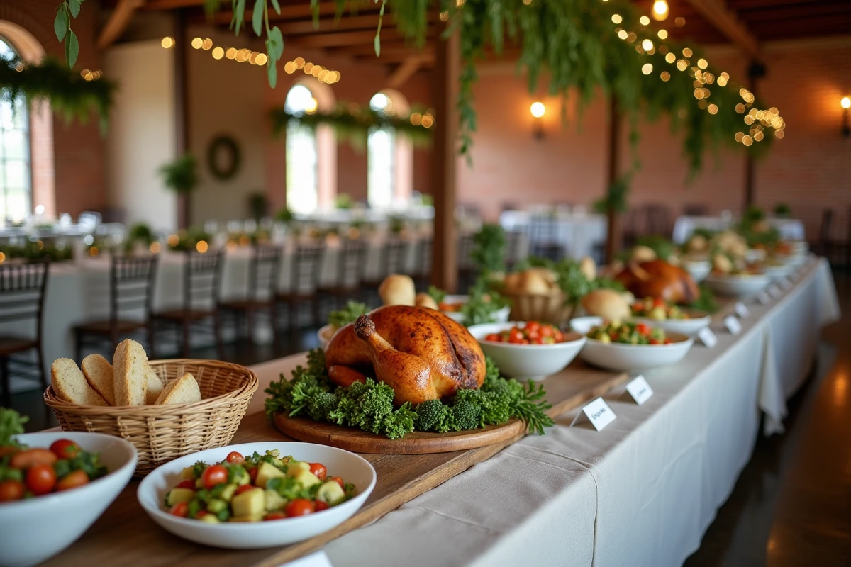 Buffet de mariage économique avec salades colorées, poulet rôti et pains artisanaux sur une table en bois rustique