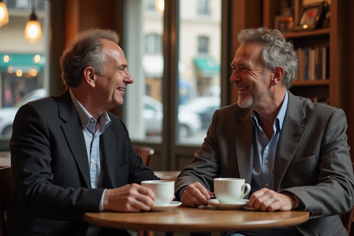 Deux hommes discutant dans un café parisien intérieur