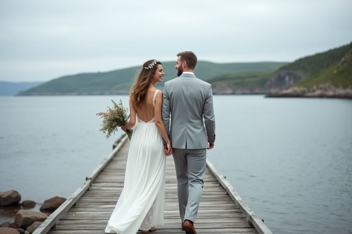 Couple de mariés souriant sur un ponton en bois face au fjord danois lors de leur célébration de mariage au Danemark