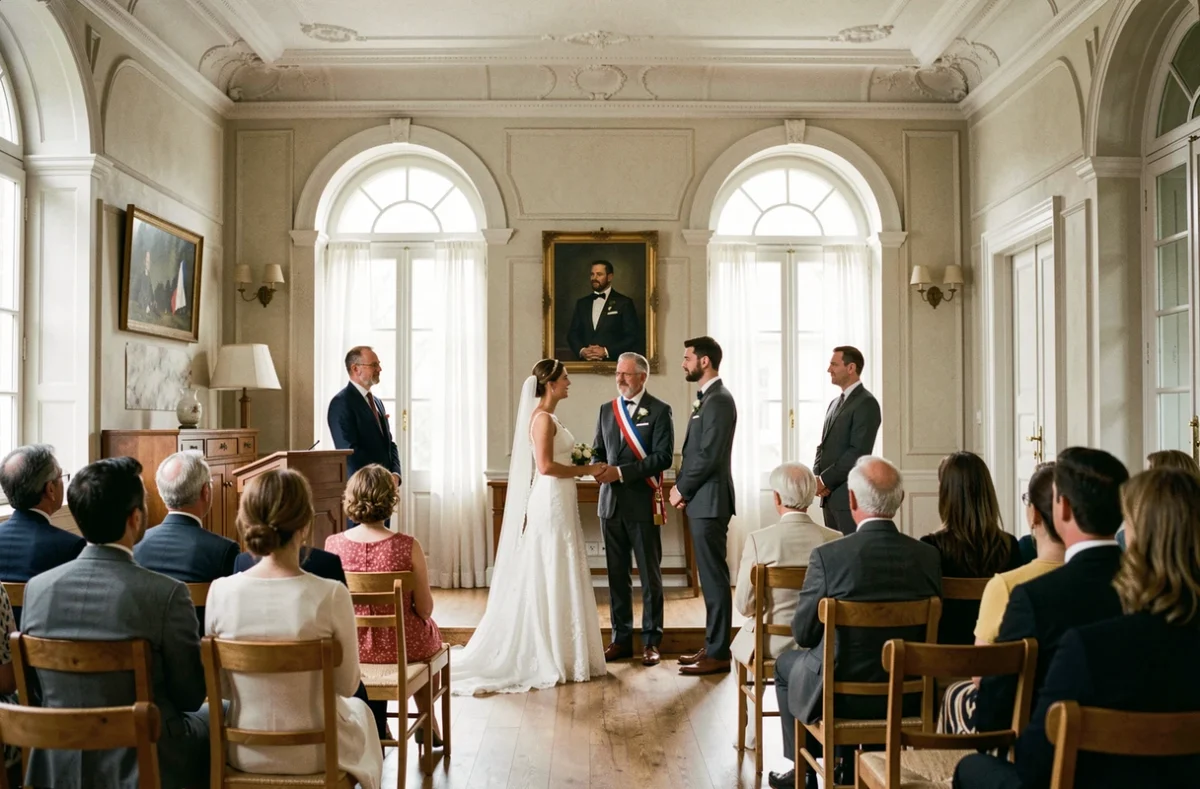 Cérémonie de mariage civil à la mairie française avec couple étranger devant le maire portant l'écharpe tricolore