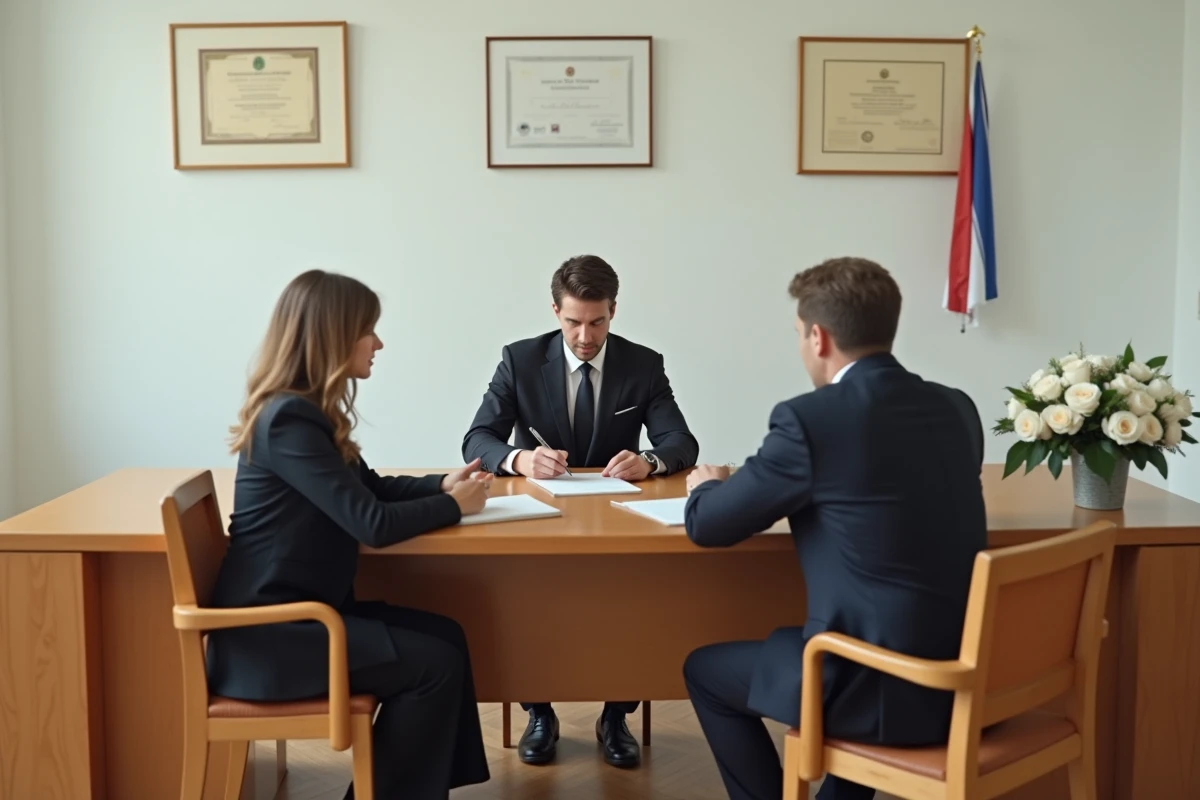 Cérémonie de mariage civil en mairie avec couple et officier d'état civil, contexte article sur rumeurs de mariage