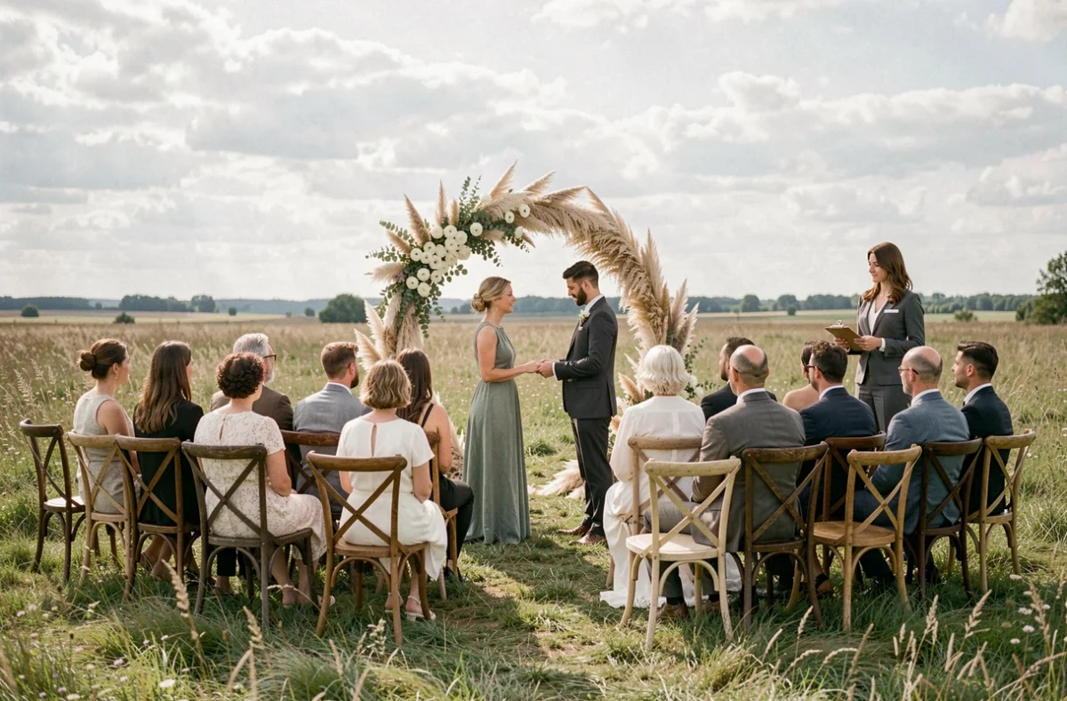 Cérémonie de petit mariage en plein air avec une vingtaine d'invités supervisée discrètement par une wedding planner professionnelle dans une prairie
