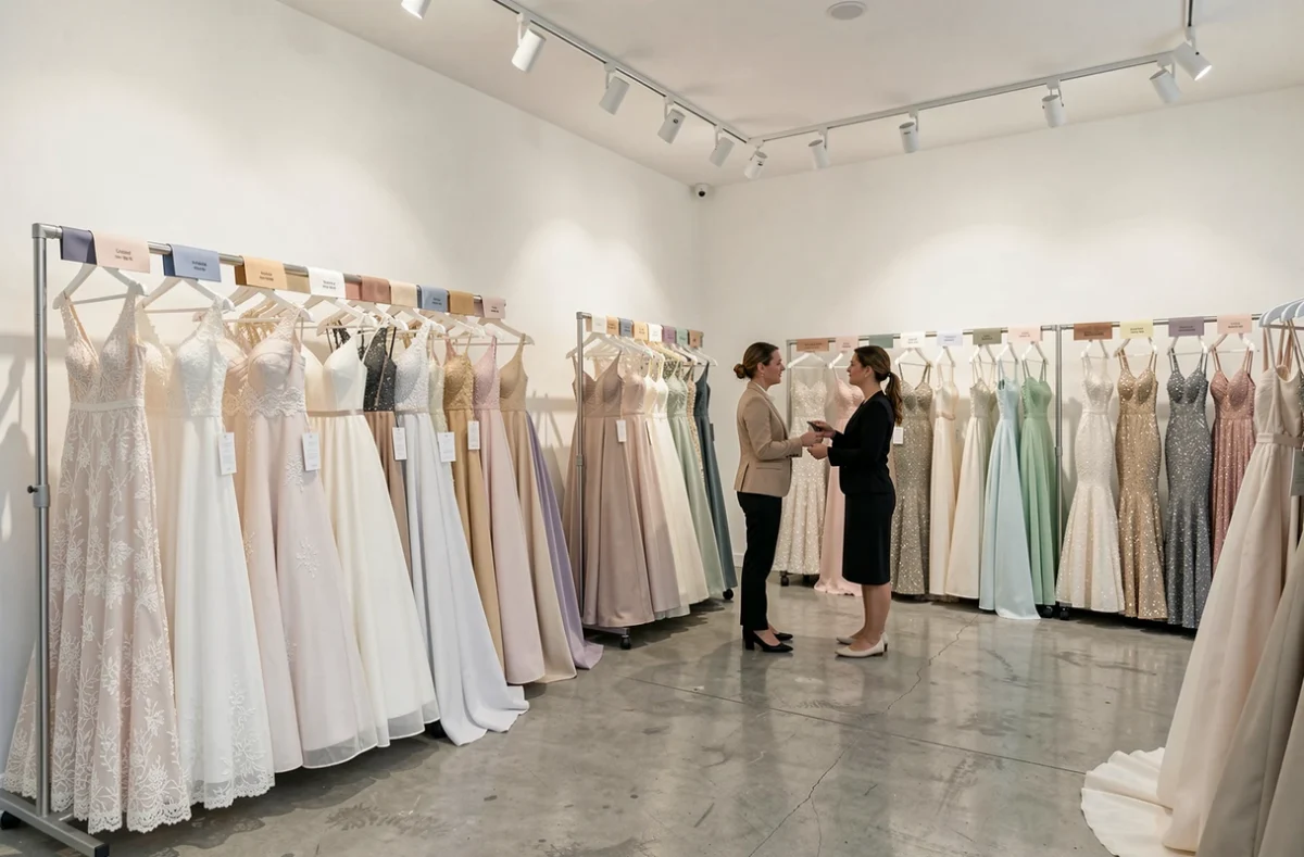 Large gamme de robes de mariée de différents styles exposées dans la boutique Charlyne Mariage, avec une conseillère accompagnant des clientes