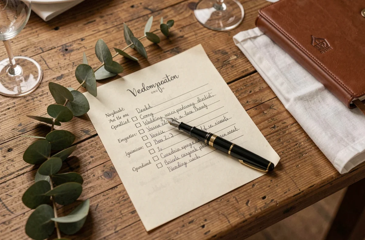 Gros plan d'une check-list de mariage en domaine posée sur une table en bois avec stylo plume et décorations florales