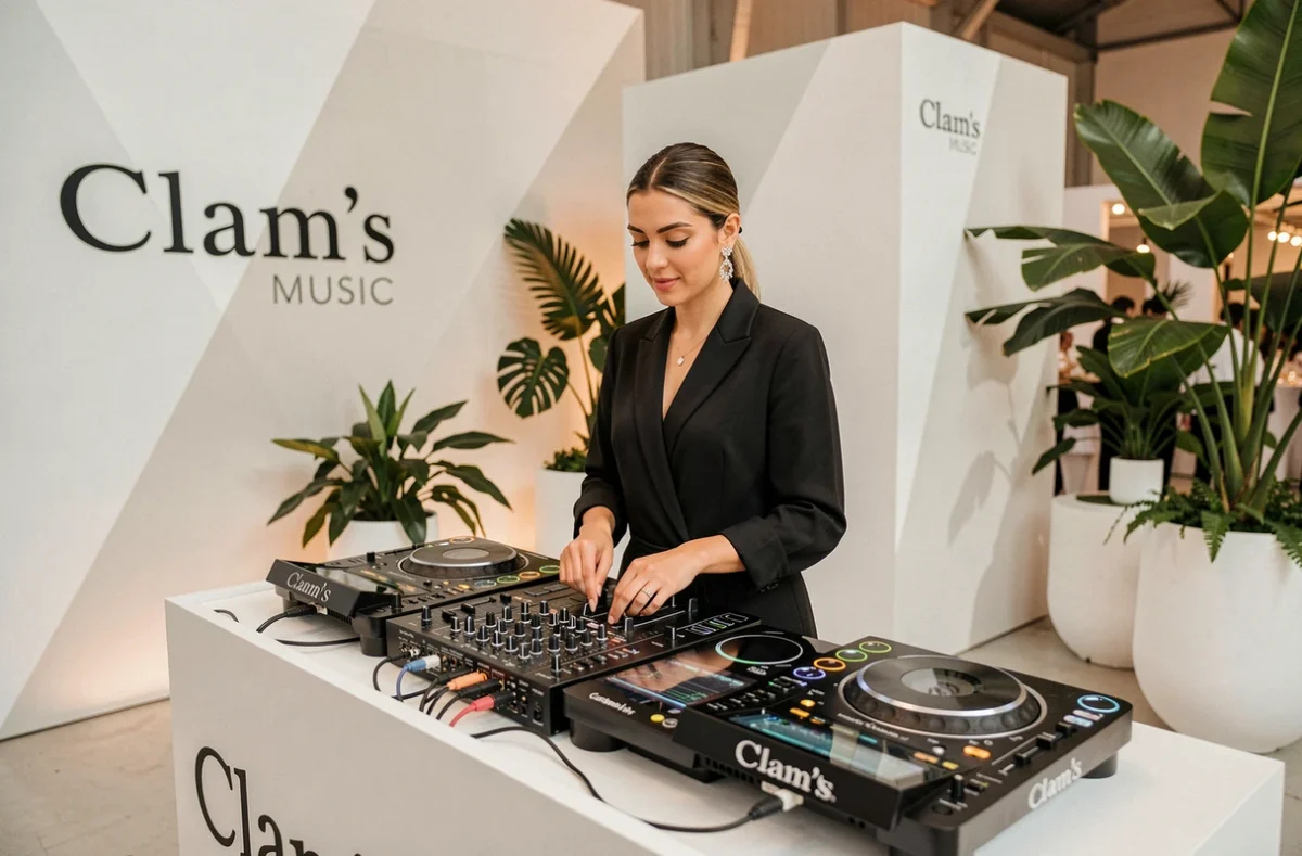 DJ femme Clam'S Music mixant lors d'une réception de mariage contemporaine à Lille dans le Nord