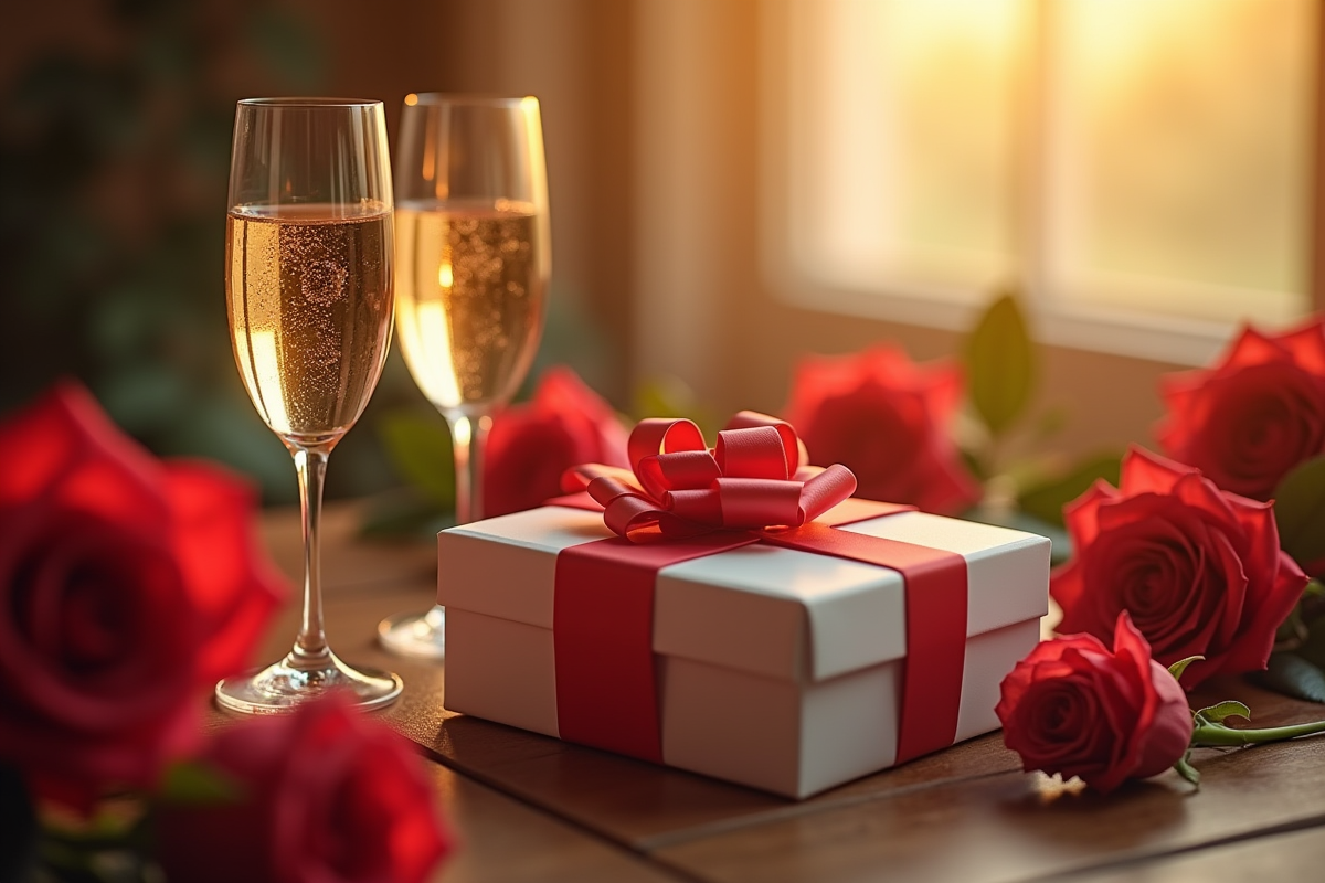 Coffret cadeau anniversaire avec roses et verres de champagne