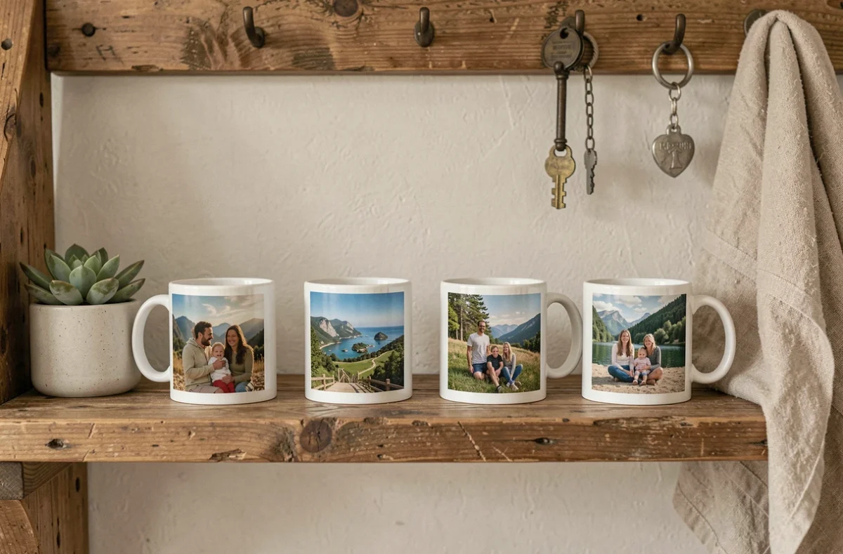 Collection de gobelets personnalisés avec photos de vacances alignés sur une étagère en bois dans un gîte décoré avec soin