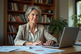Femme comparant des devis de location de salle des fêtes sur son bureau à domicile