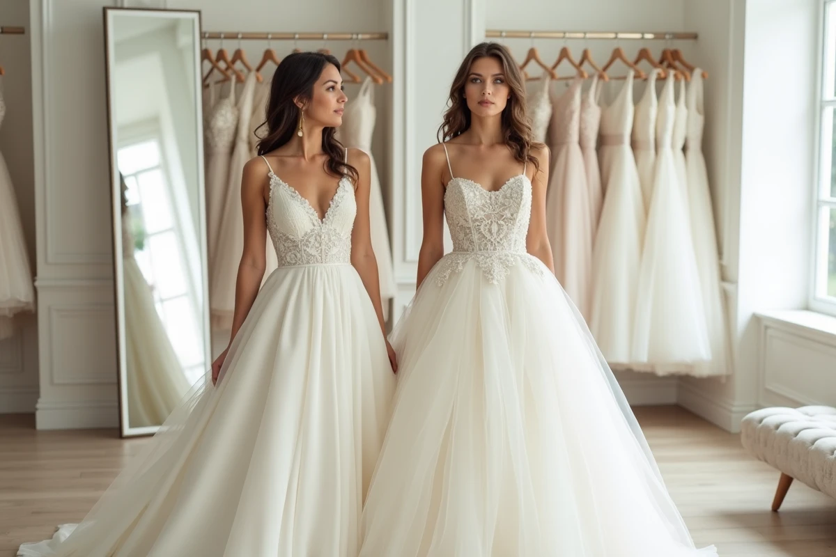Deux futures mariées comparant une robe bohème en crêpe et une robe princesse en tulle dans une boutique de mariage lumineuse