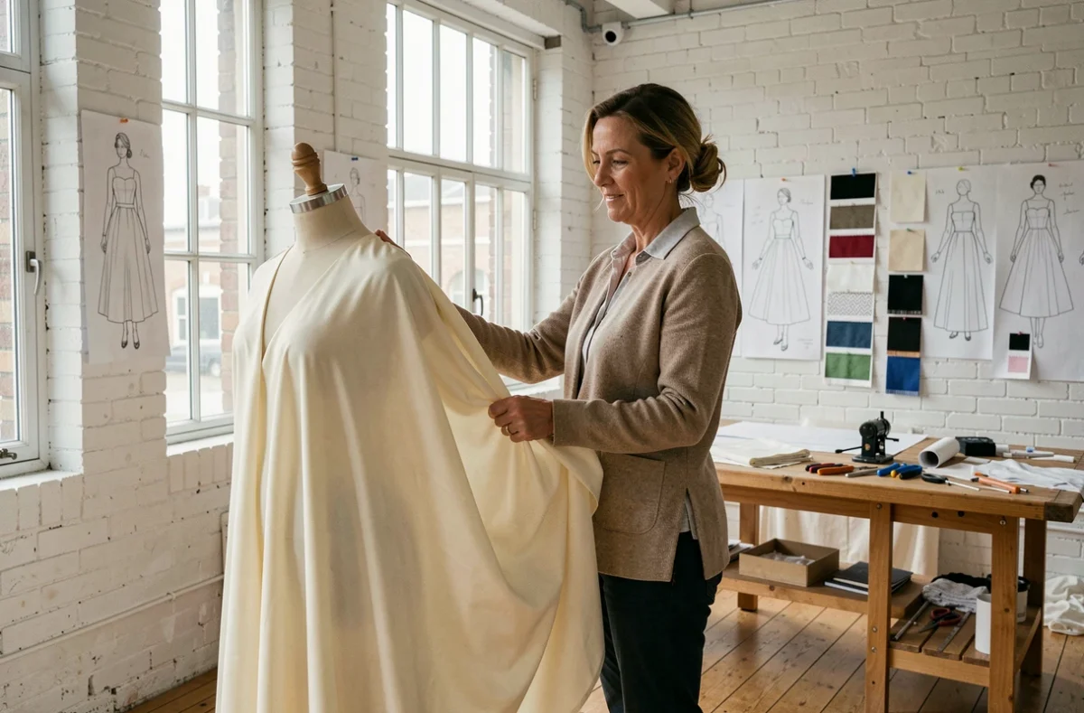 Créatrice Constance Cellier drapant du tissu sur un mannequin de couture dans son atelier sur-mesure à Lille