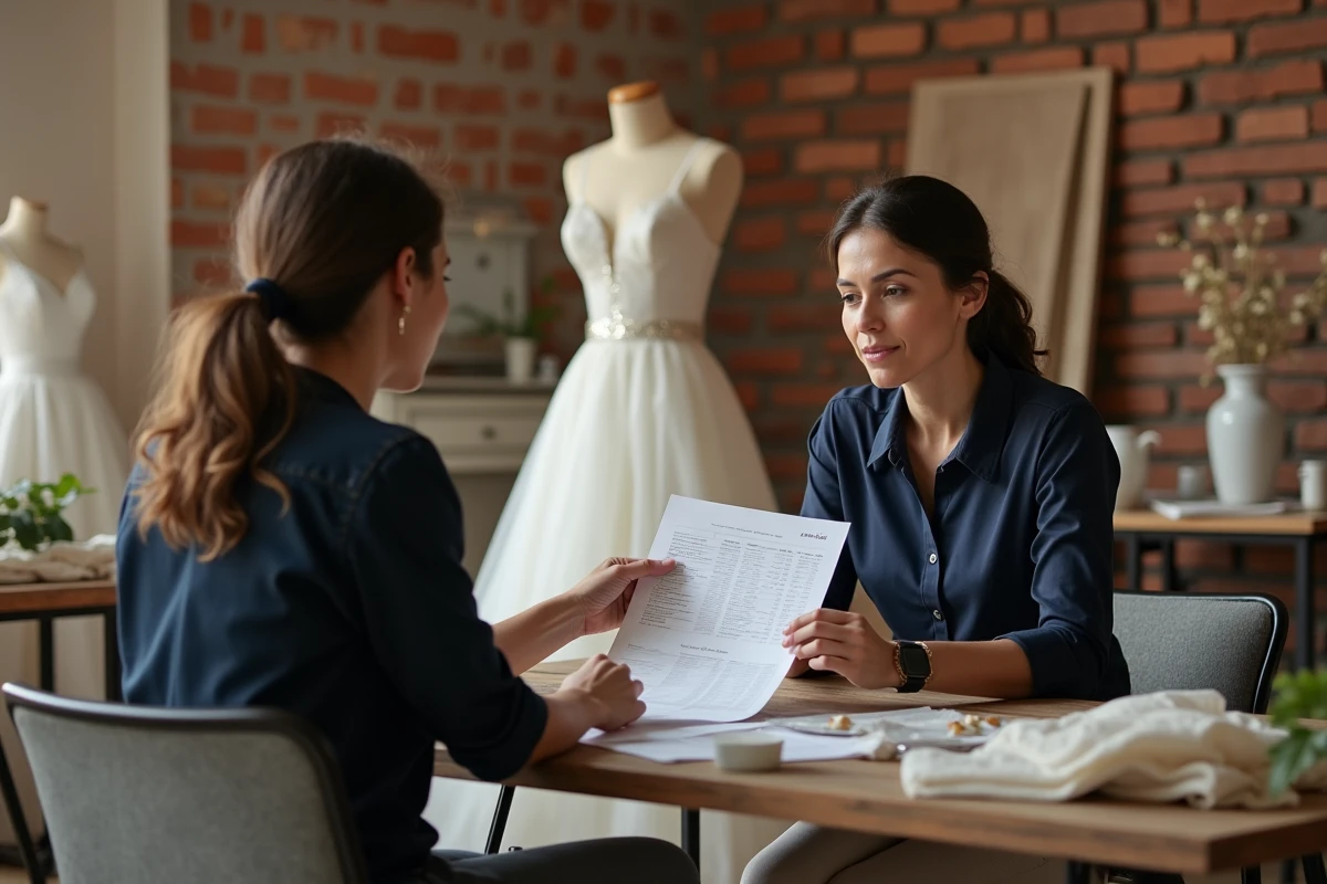 Consultante en mariage expliquant le détail d'un devis de robe à une cliente dans un atelier de couture bridal