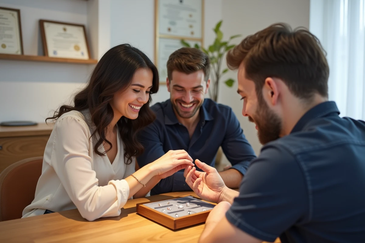 Couple en consultation avec un bijoutier pour créer une bague de fiançailles personnalisée