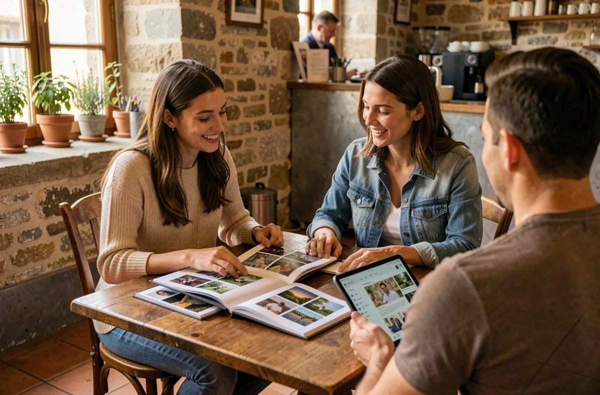 Cliente consultant le portfolio d'un photographe professionnel autour d'un café à Aubenas, avec albums photo et tablette posés sur une table en bois