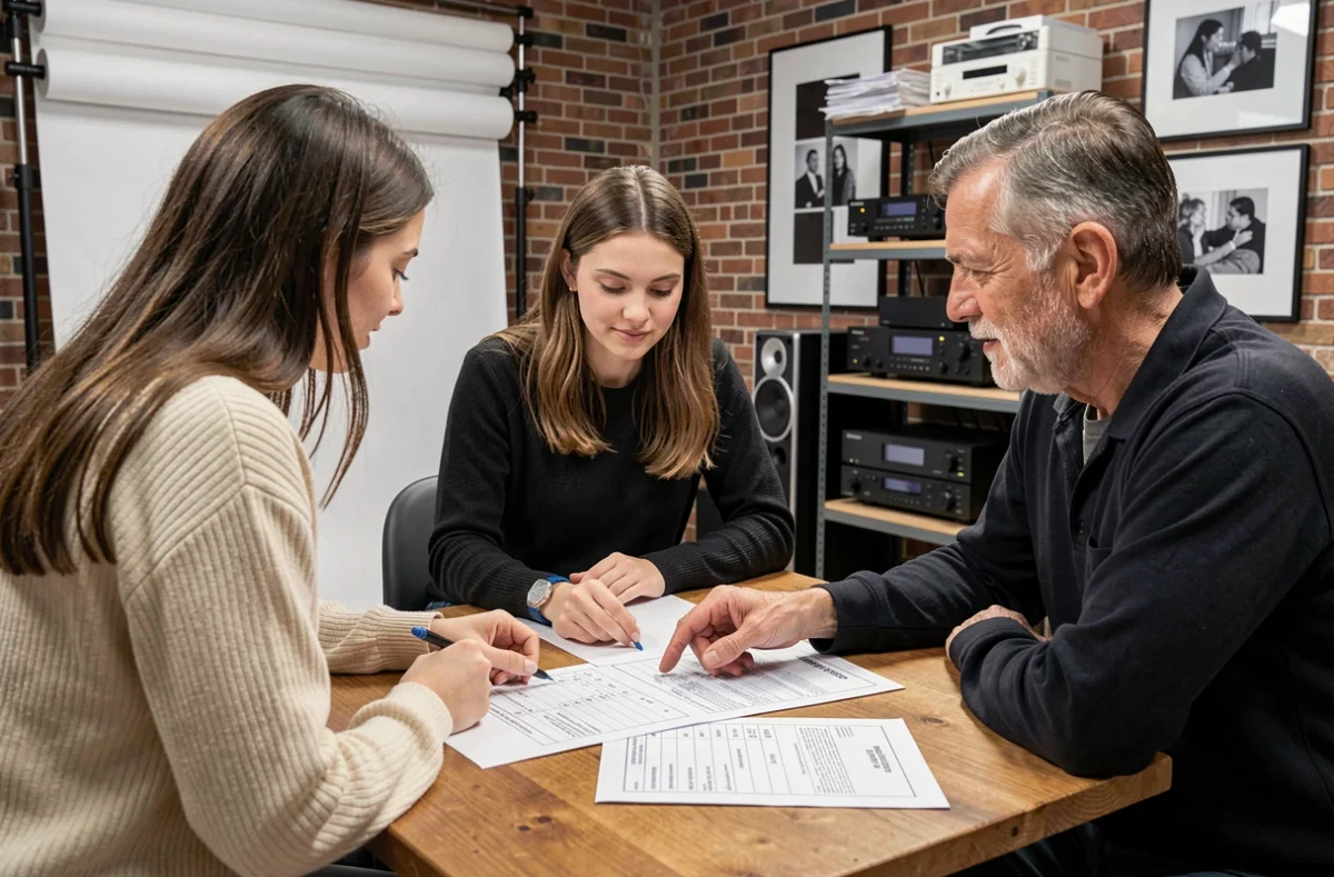 Un couple discute des tarifs et devis avec un photographe professionnel dans un studio photo à Vienne