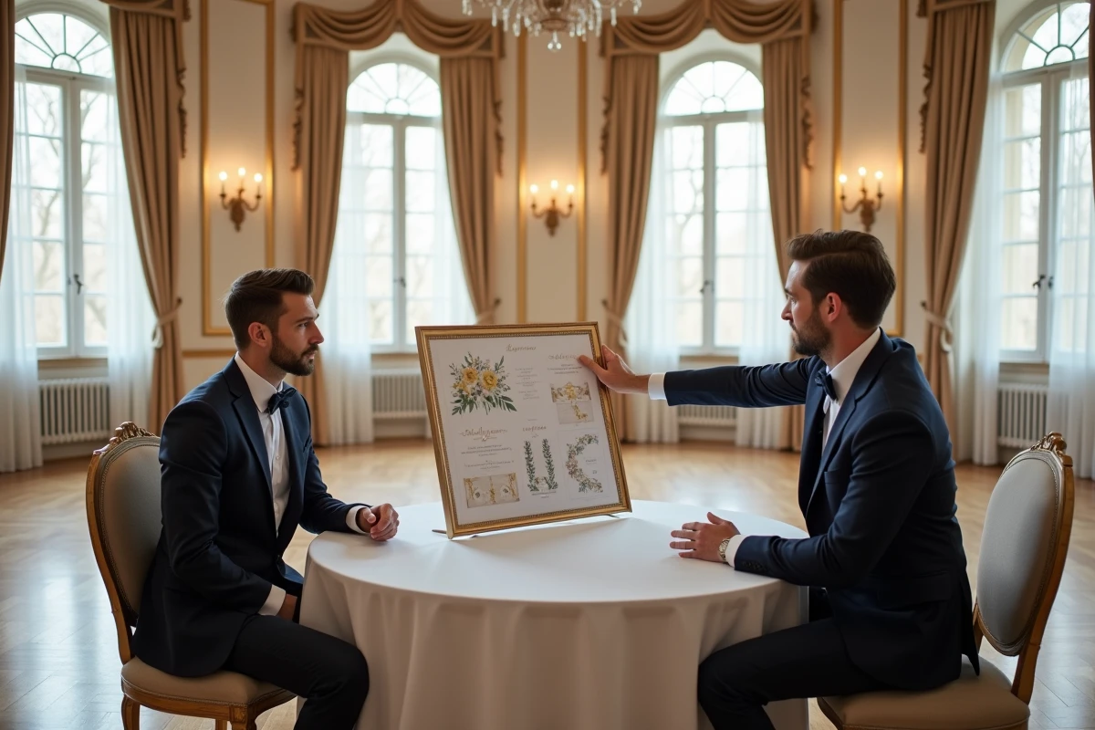 Couple en consultation avec un wedding planner dans une salle de réception de prestige pour préparer un mariage luxueux