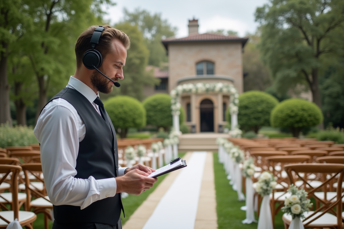 Un coordinateur vérifiant un plan avant une cérémonie en extérieur