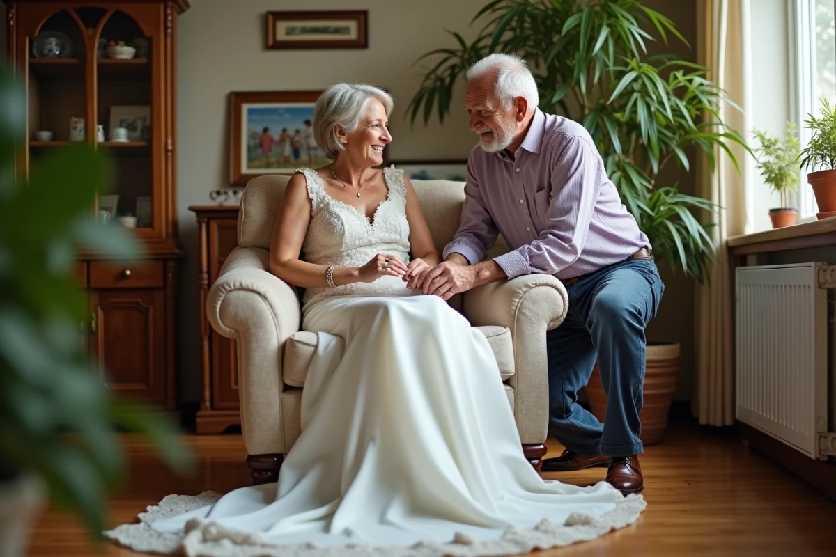 Couple d age admirant une robe de mariage en décoration