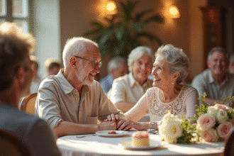 Couple agee souriant lors d'une celebration d anniversaire