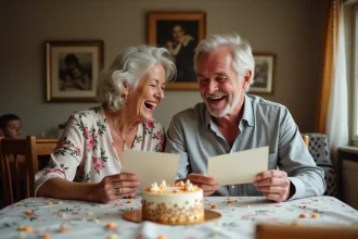 Couple de sexagénaires souriant qui lit un texte humoristique pour leurs 40 ans de mariage à table décorée