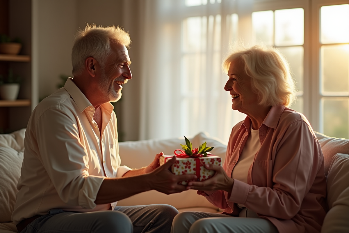 Couple mature échangeant un cadeau d anniversaire dans le salon