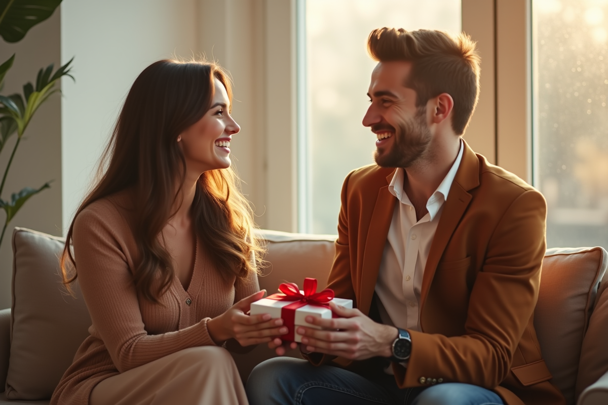 Jeune couple marié échangeant des cadeaux dans le salon