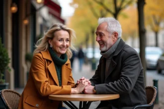 Couple souriant au café parisien en automne