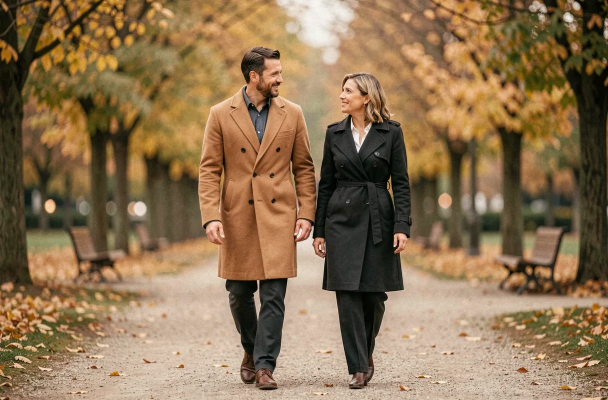 Couple élégant se promenant dans un parc parisien en automne, ambiance vie privée et discrétion
