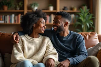 Couple célèbre partageant un moment de complicité naturelle dans leur salon, illustrant la solidité de leur relation face à la vie publique