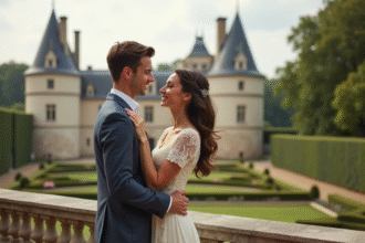 Jeune couple romantique devant un château de la Loire