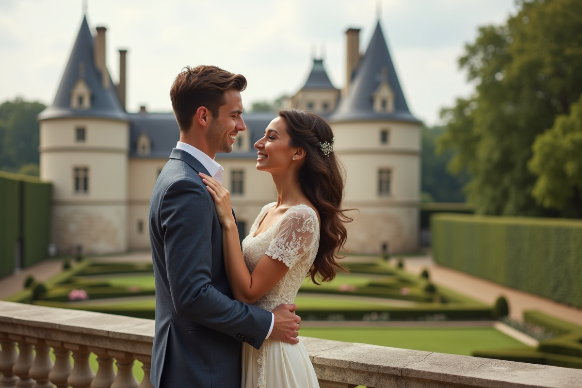 Jeune couple romantique devant un château de la Loire