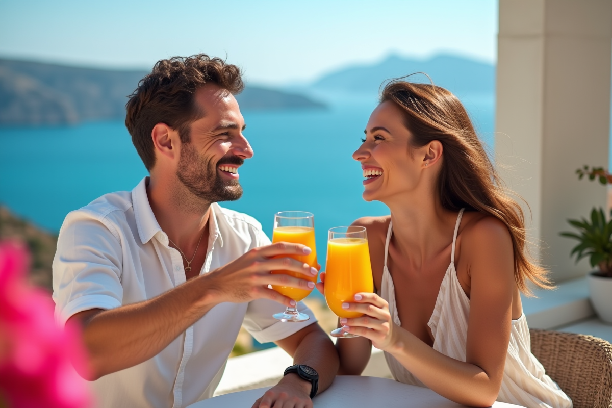 Couple heureux trinquant avec vue mer en Grèce