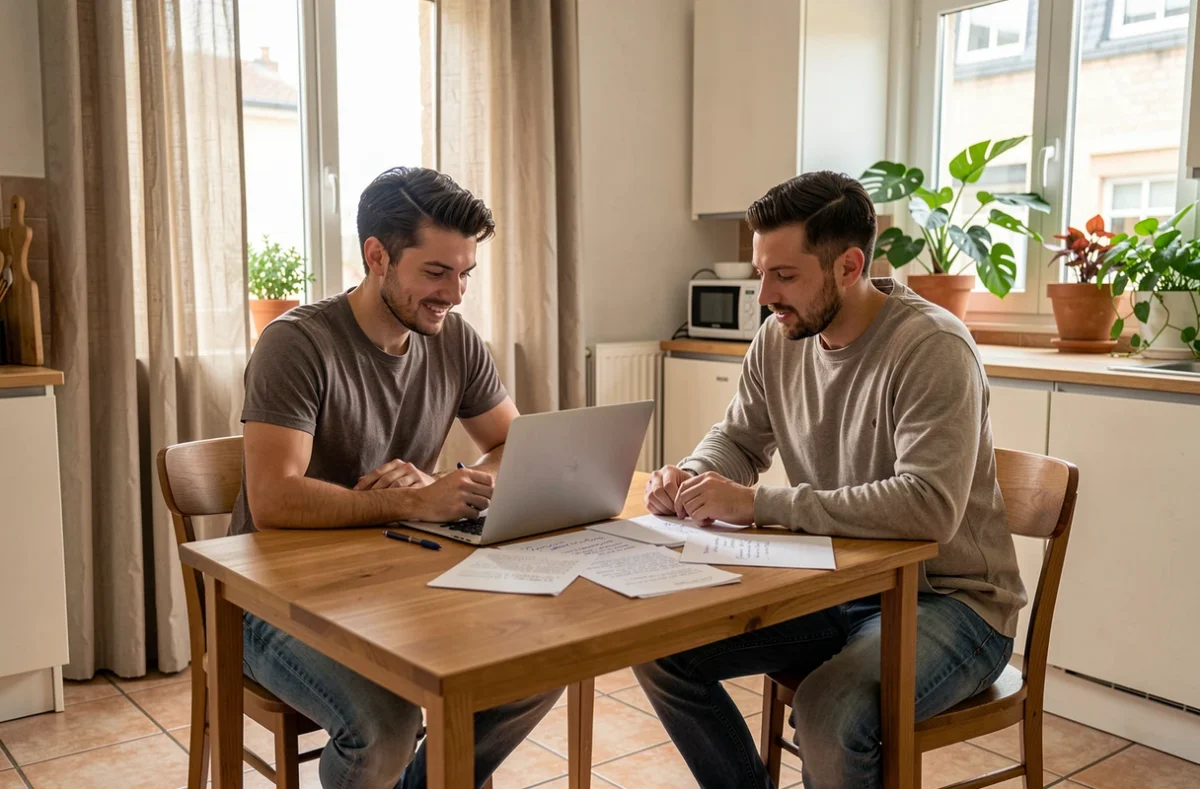 Couple comparant des offres de photographes à Lunel sur ordinateur portable depuis leur appartement