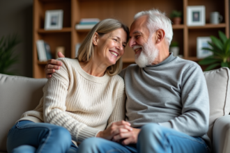 Couple d'âge moyen souriant dans un salon chaleureux